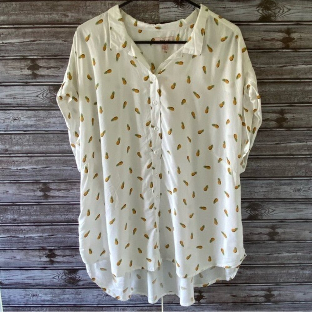 NWT Per Se Women's Pineapple Print Button-Down Top/Blouse Size 1X